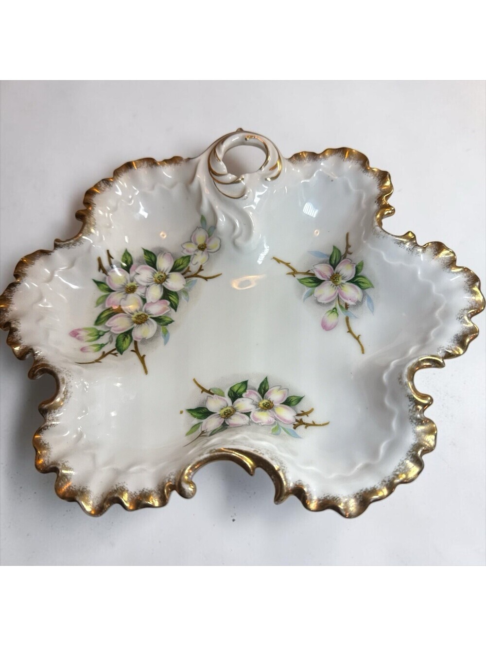 Dogwood Porcelain Floral Candy Dish Gold Trim NW-DW-52 Decorative Glossy 8"Diam